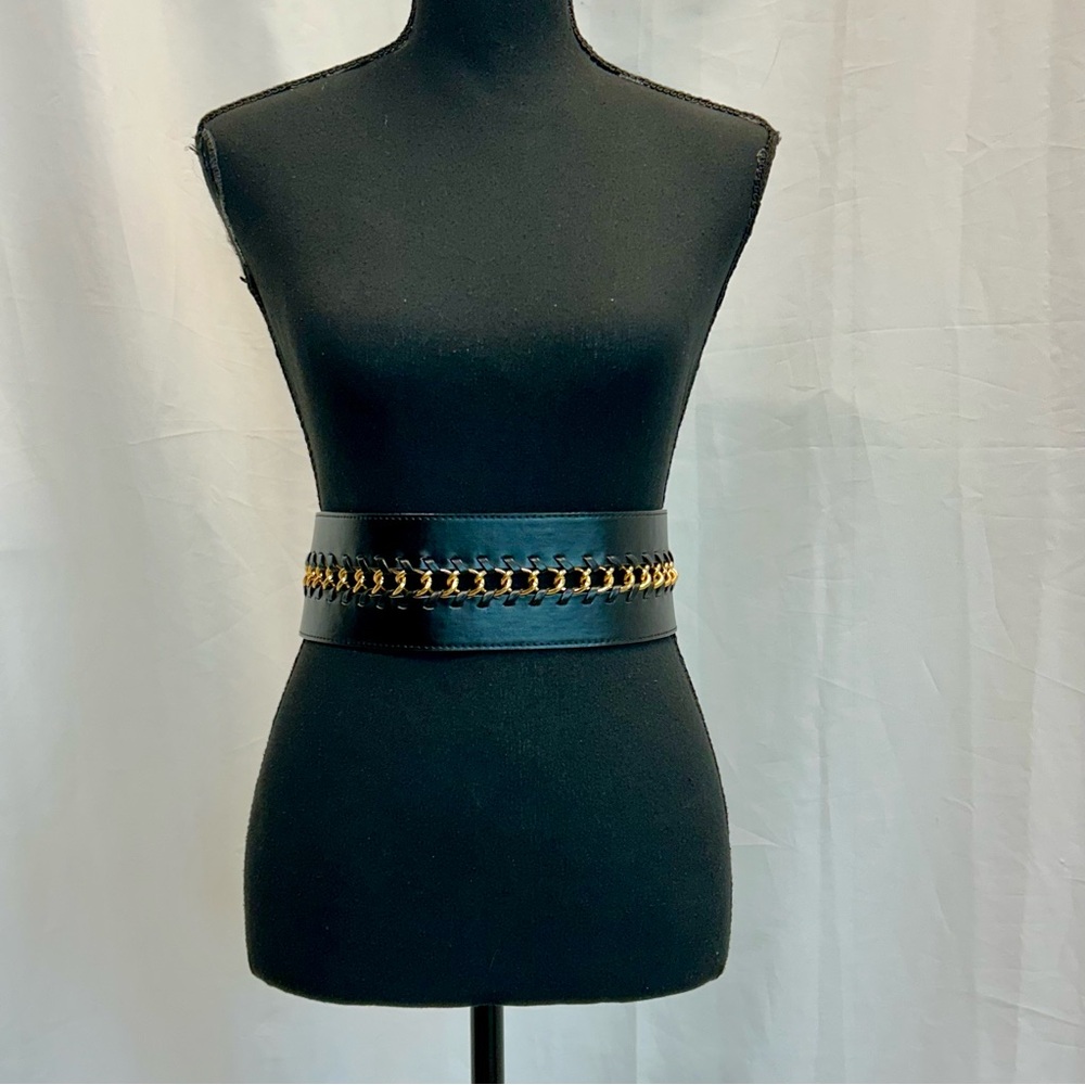 BCBGMAXAZRIA black faux leather wide waist belt gold-tone metal chain detail L - Picture 6 of 6